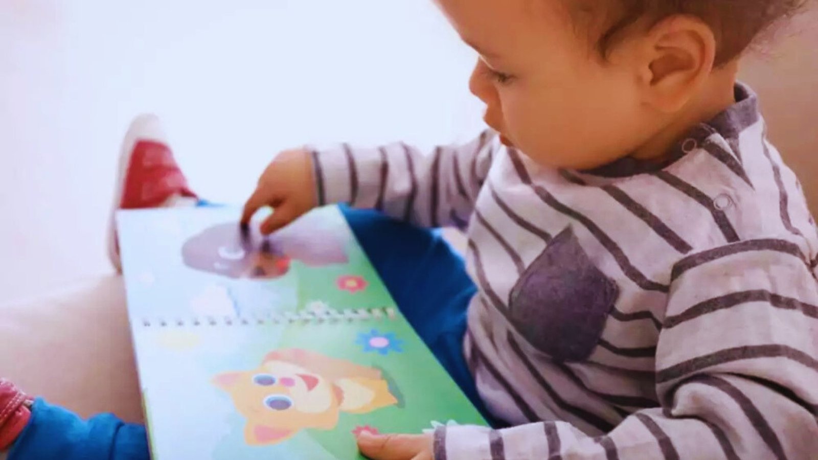  A baby sits on a couch, happily playing with a colorful book, surrounded by soft cushions.
