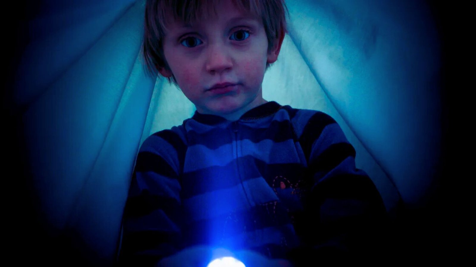 A young boy holding a flashlight, illuminating his face as he stands in a dark room, expressing curiosity and caution.
