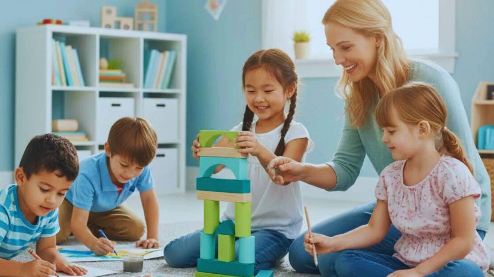 A woman and two children joyfully building a structure with colorful wooden blocks on a play mat.
