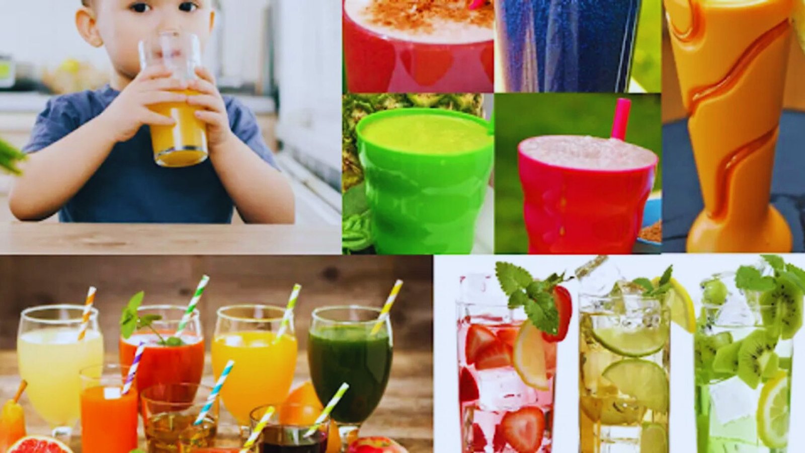  A vibrant collage featuring various drinks and juices in colorful glasses, showcasing a range of flavors and styles.
